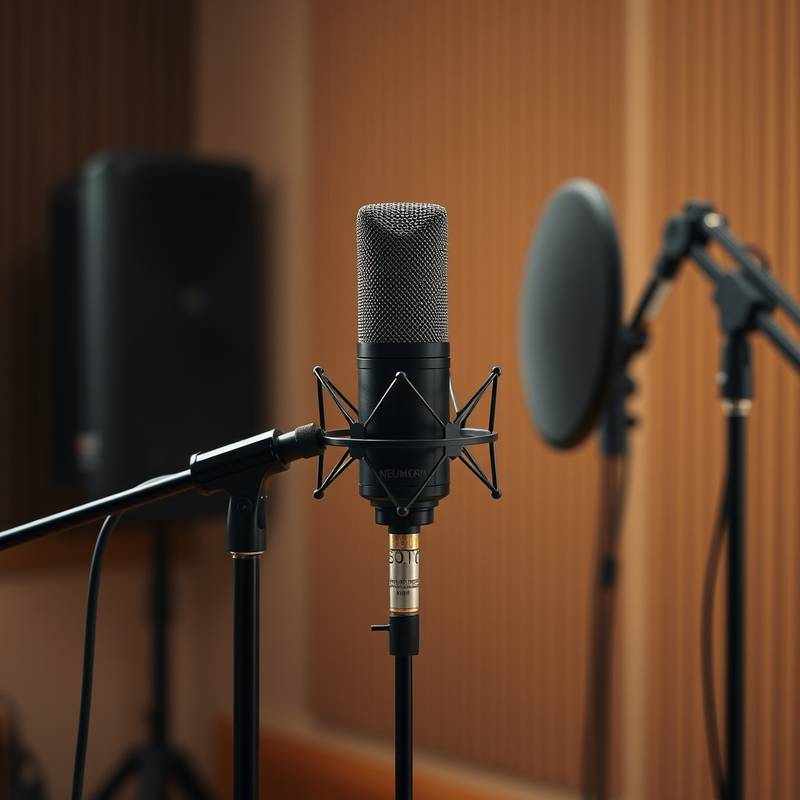 Microfone Neumann U87 no pedestal, pronto para gravação.